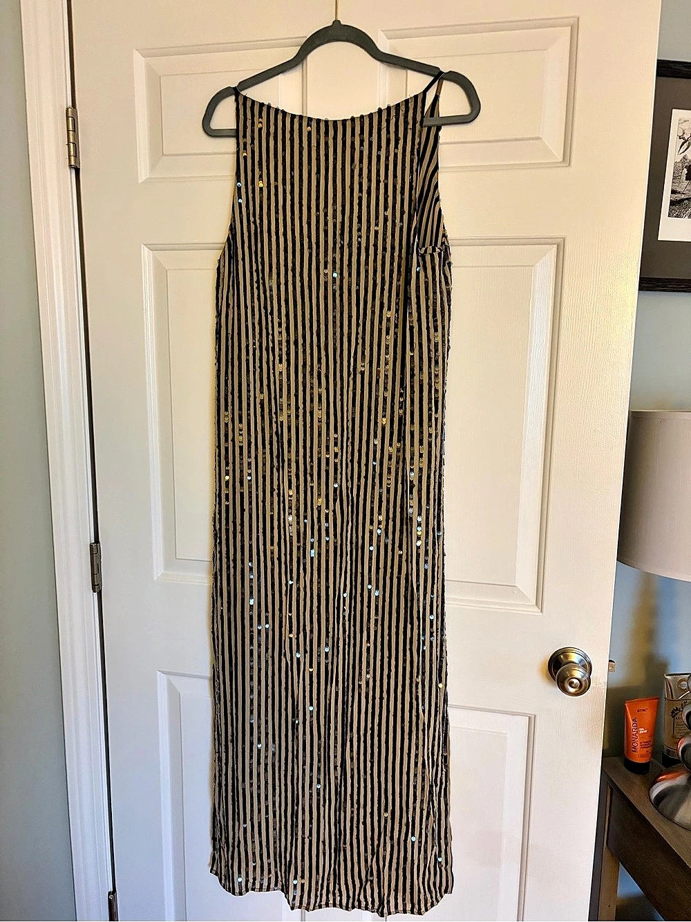 COS Women's Sequined Striped Maxi Dress in Black & Gold New